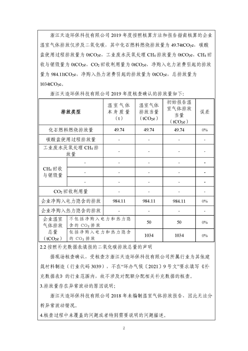 浙江天造環(huán)?？萍加邢薰?019年度碳核查報告